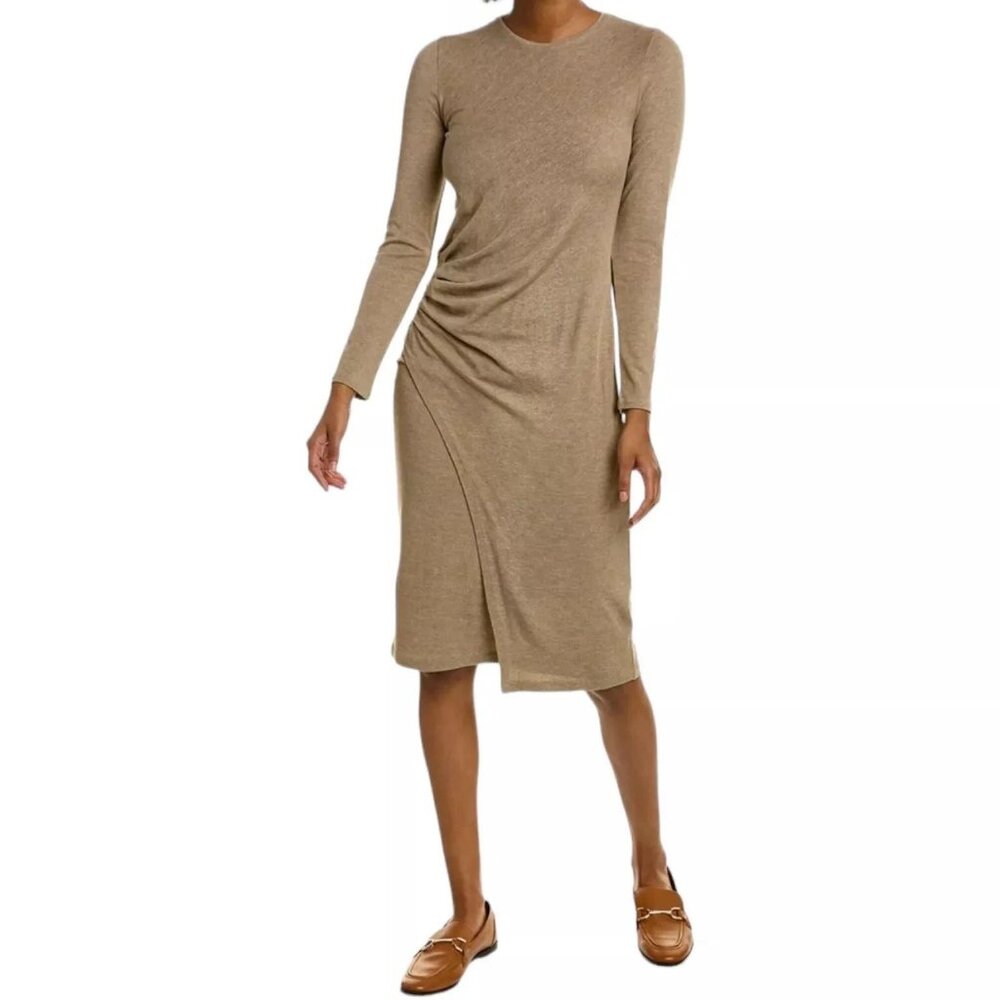 VINCE Gathered Long Sleeve Dress knit features an elegantly draped neck.